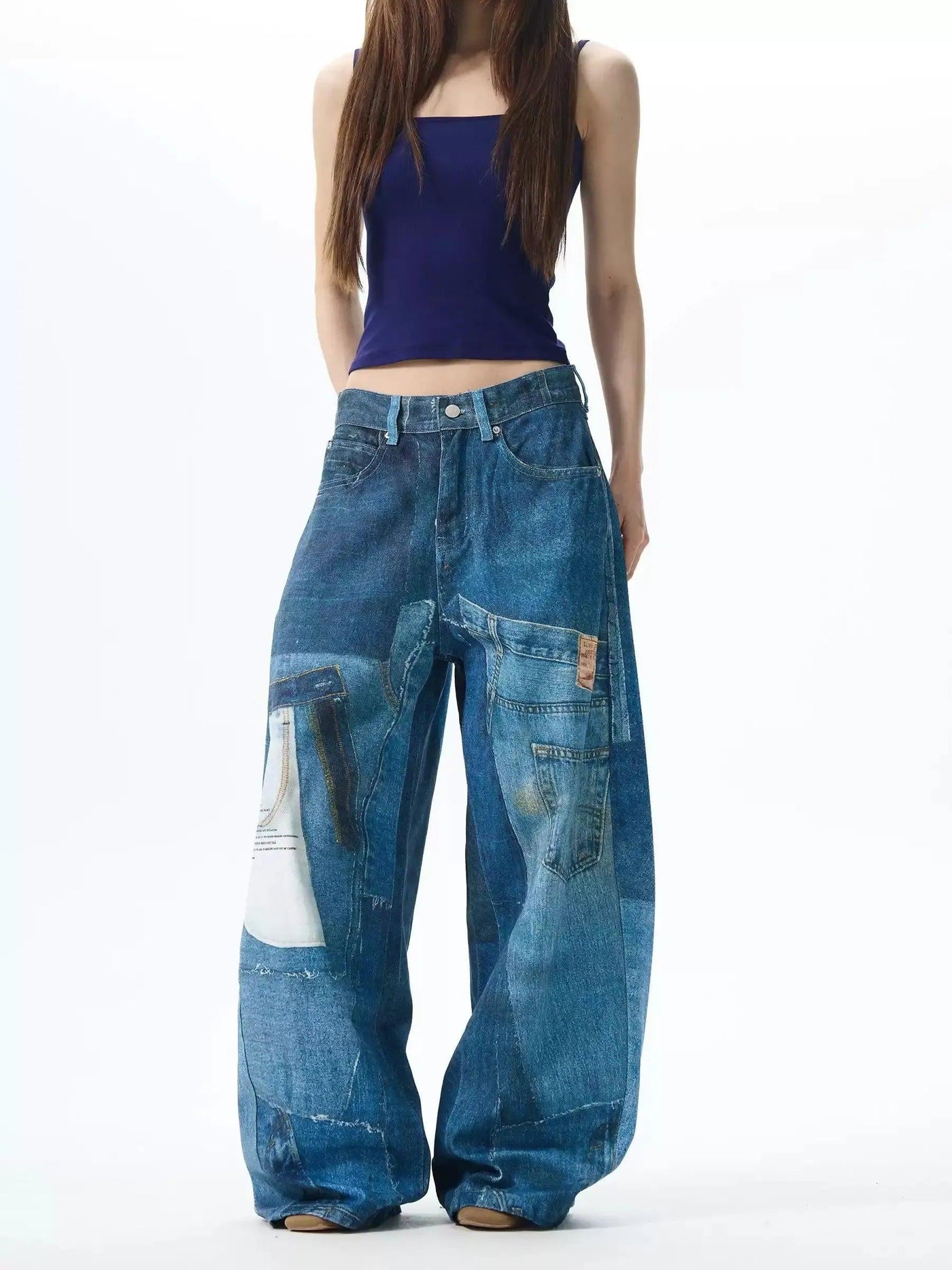 Digital Print Wide Leg Jeans