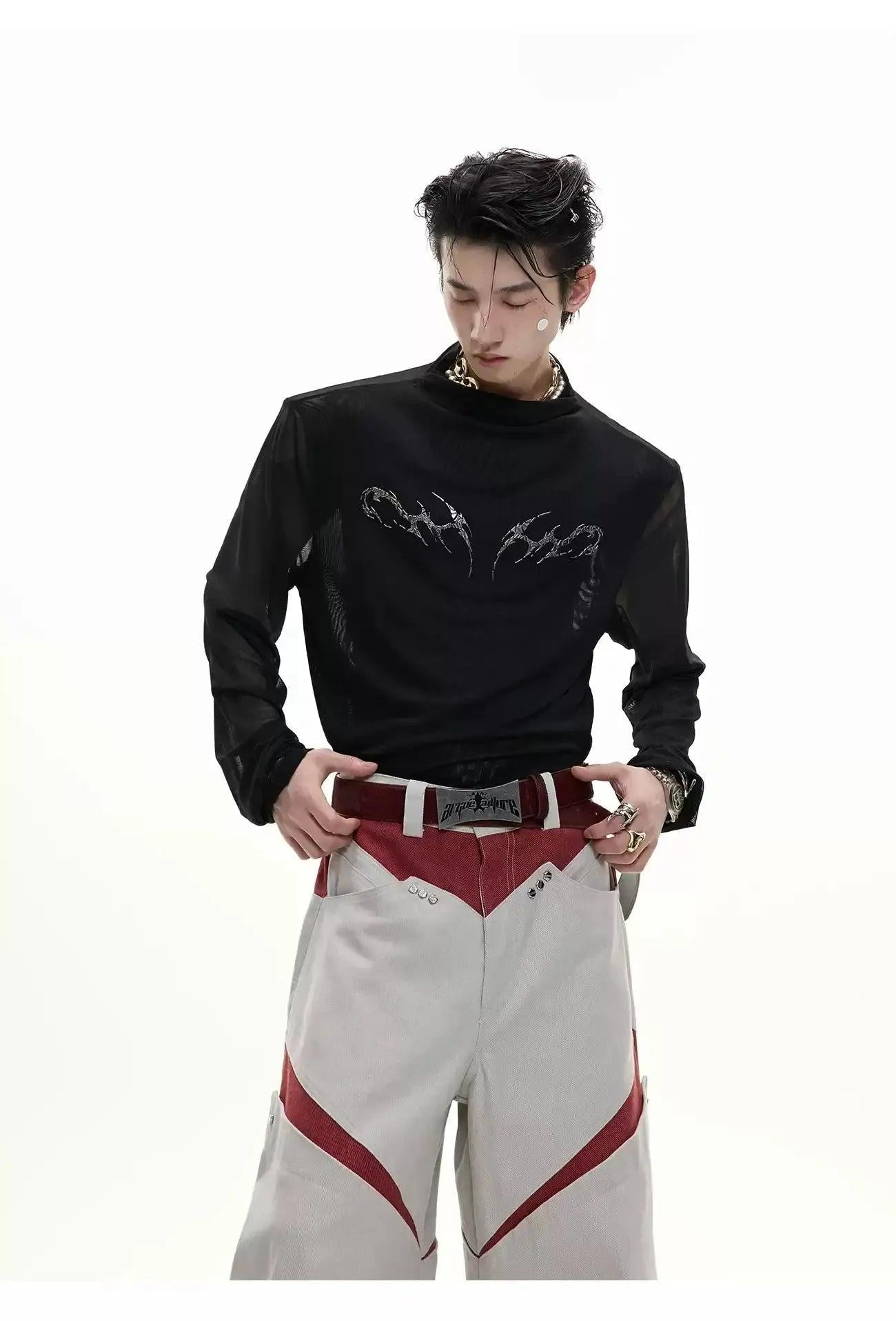 Metallic Print Mesh Long Sleeve T-Shirt