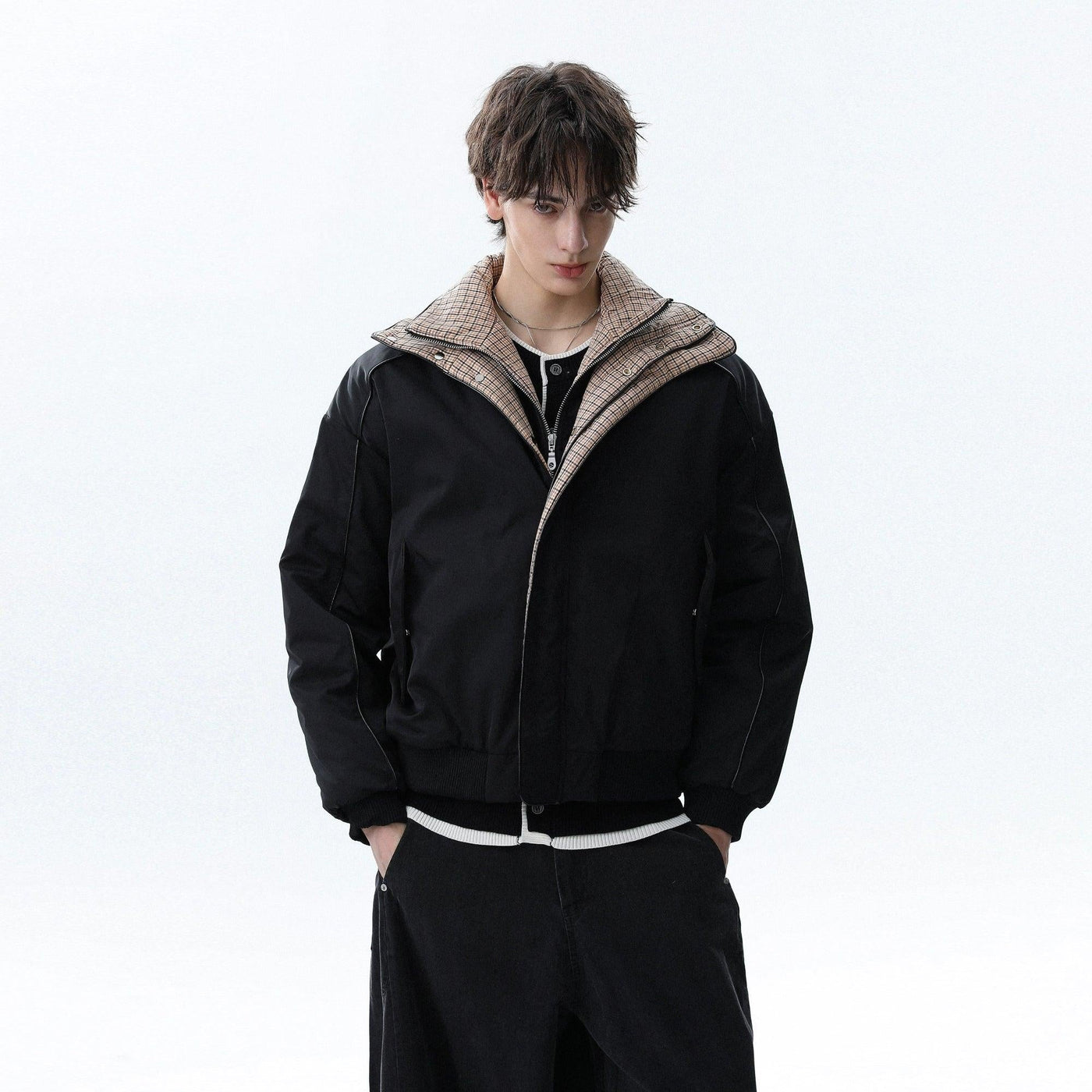 Checker Spliced Bomber Jacket