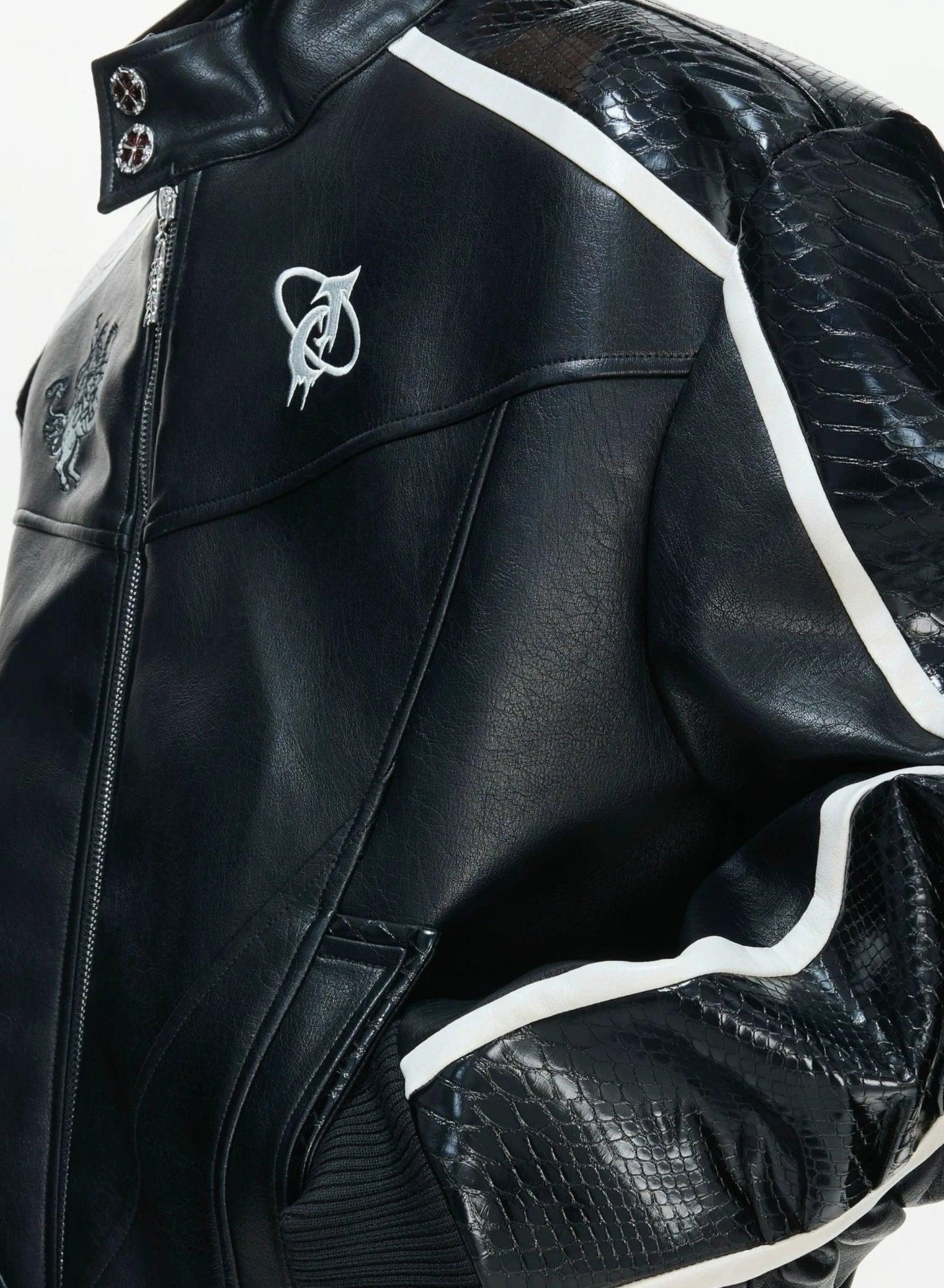 Embroidered Contrast Spliced Faux Leather Jacket