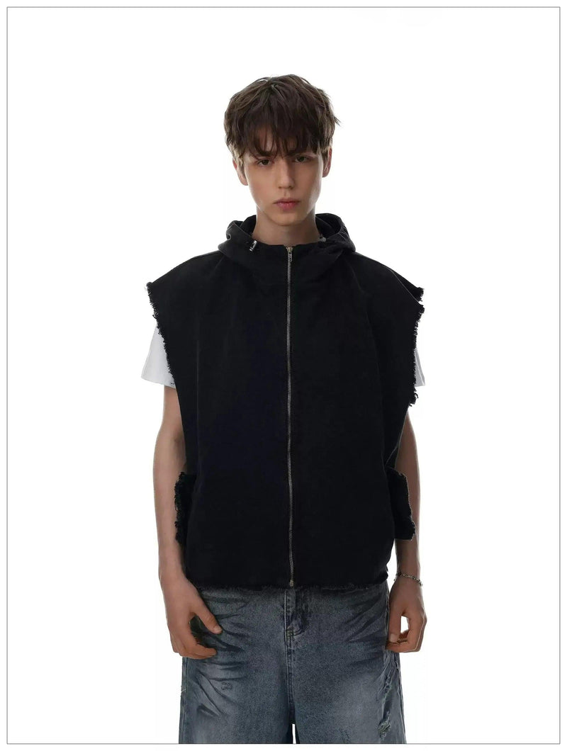 Grunged Frayed Hooded Vest