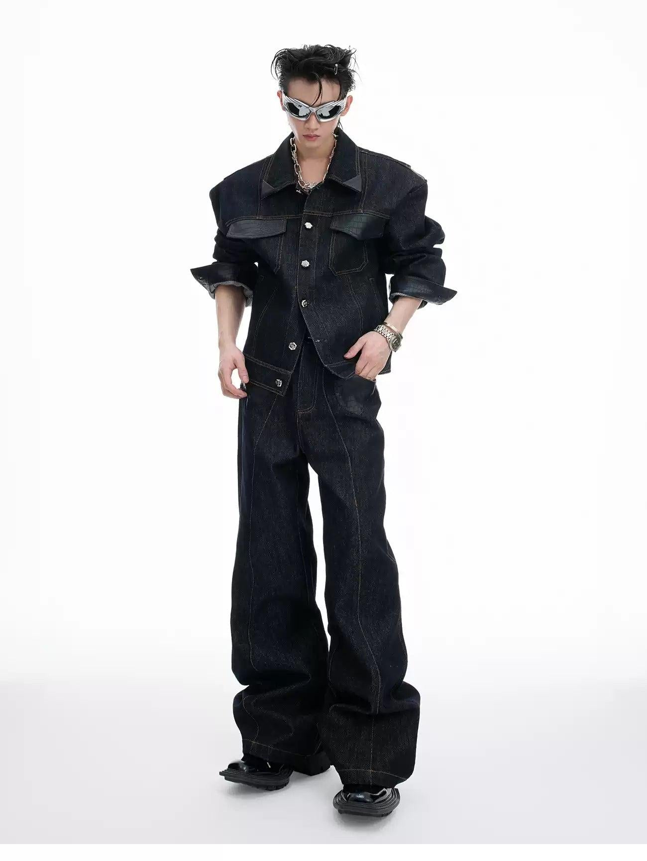 Spliced PU Leather Denim Jacket & Contrast Seamed Jeans Set