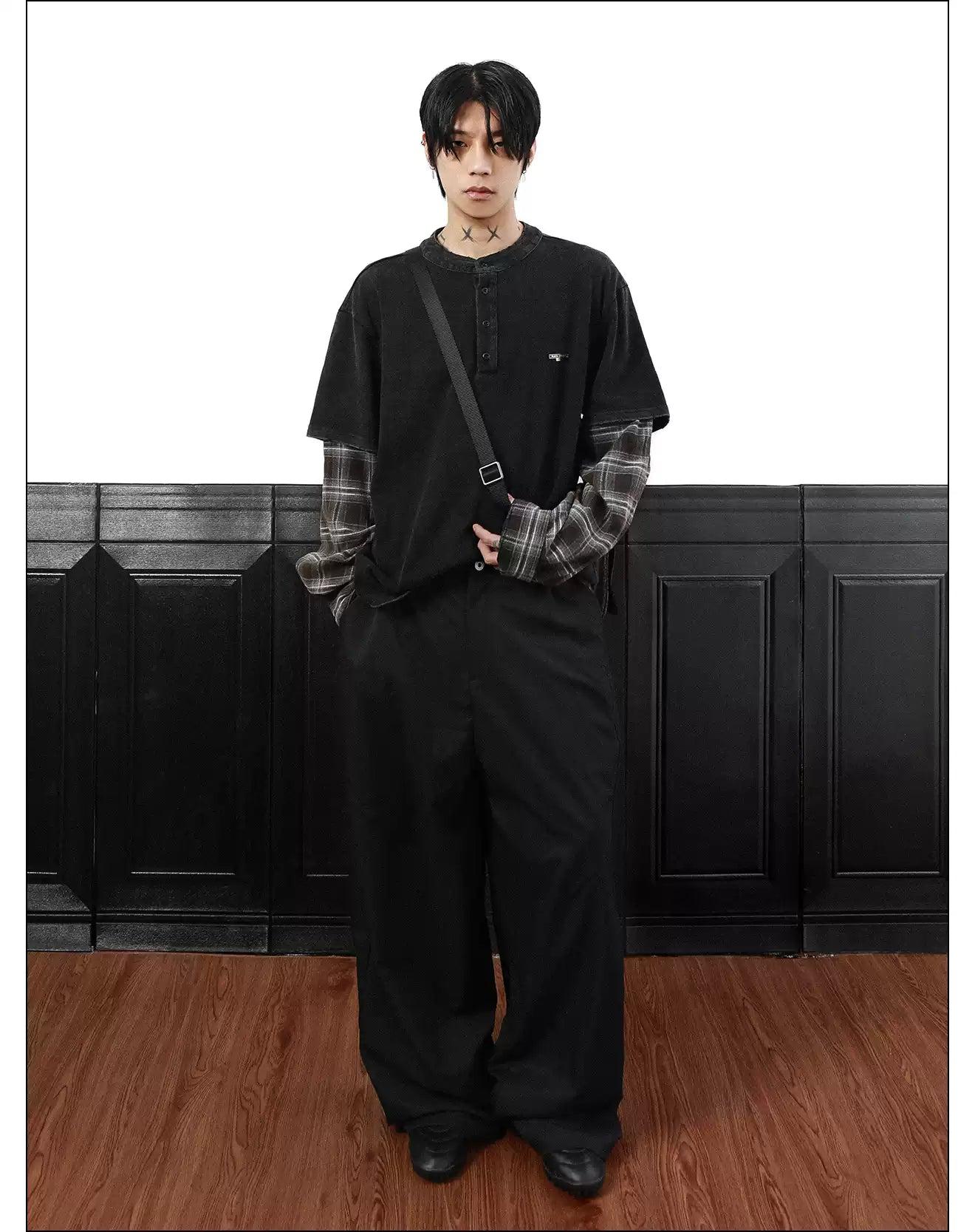 Washed Layered Plaid Long Sleeve T-Shirt