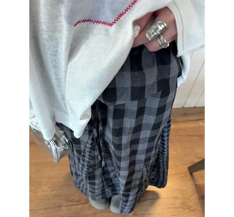 Spliced Plaid and Checker Long Skirt