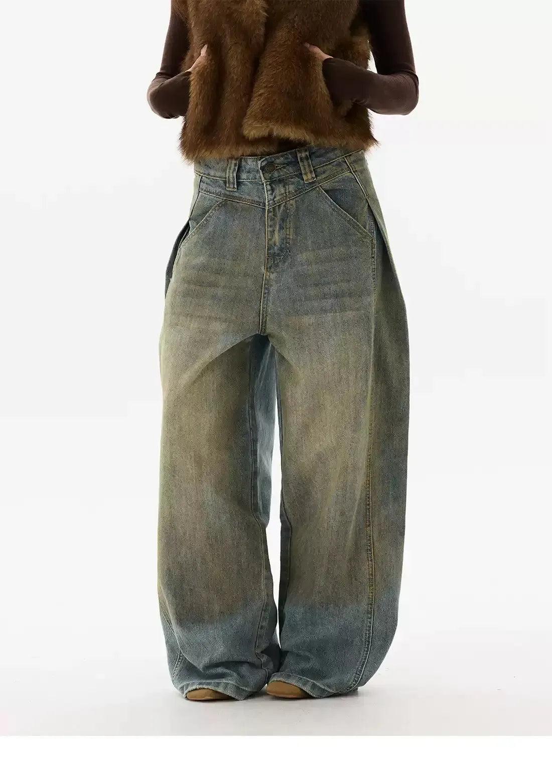 Mud Faded Fold Pleated Jeans