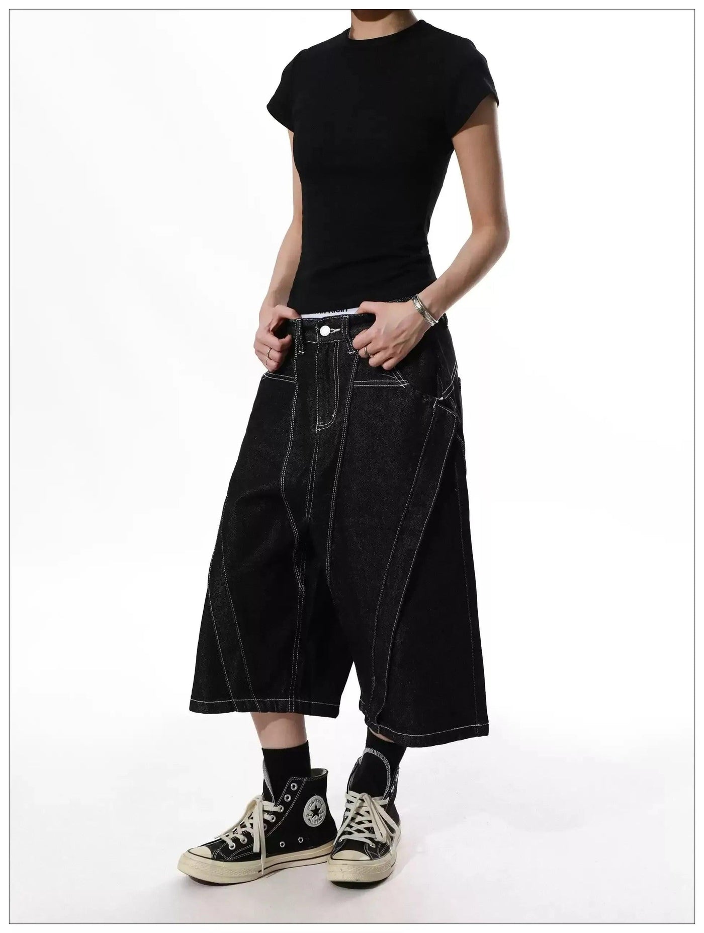 Contrast Diagonal Lined Denim Shorts