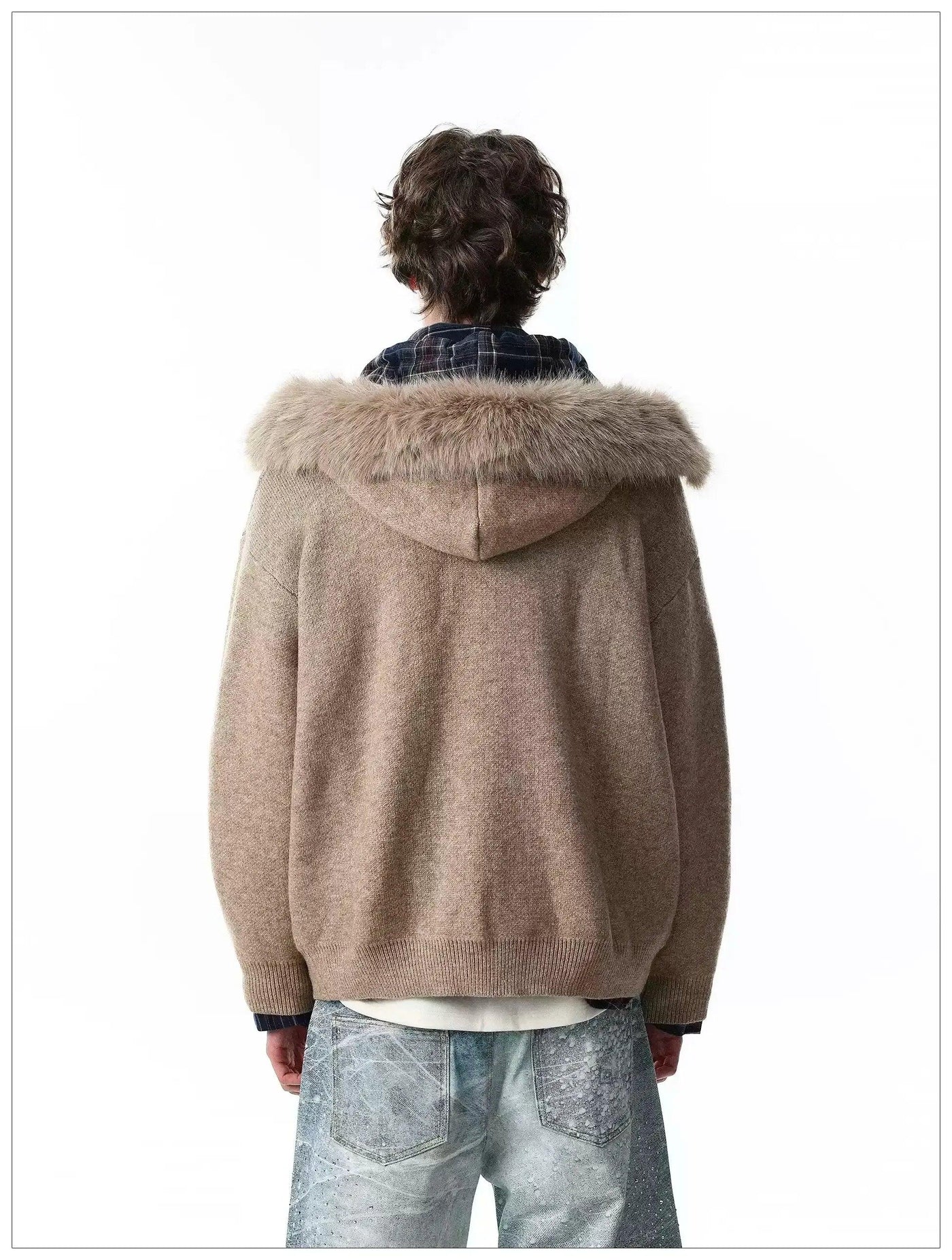Faux Fur Trim Knitted Hood Jacket