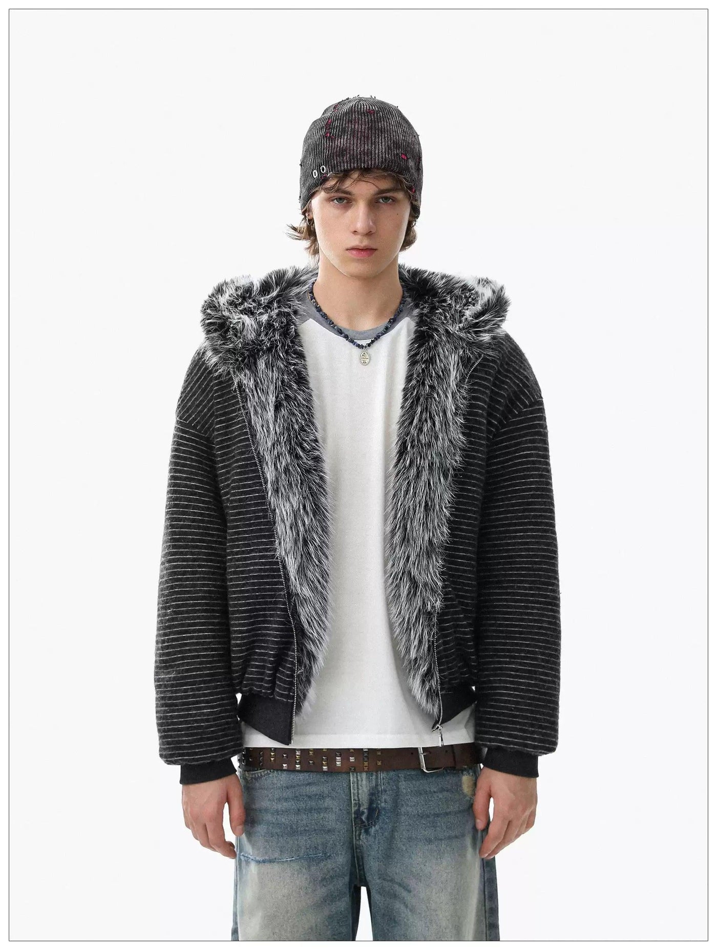 Teddy Bear Fur-Trimmed Stripes Jacket