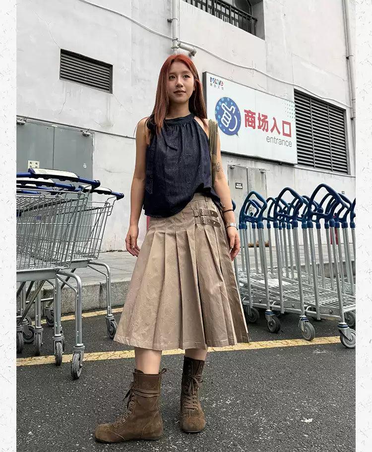 Strapped & Pleated Midi Skirt