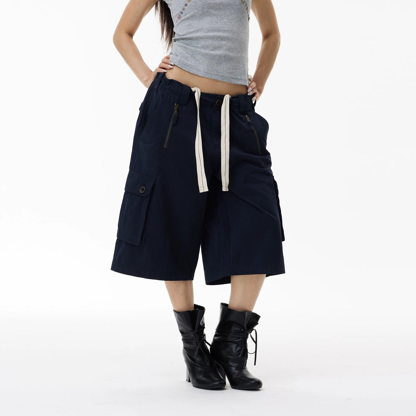 Drawstring Wide Leg Cargo Shorts