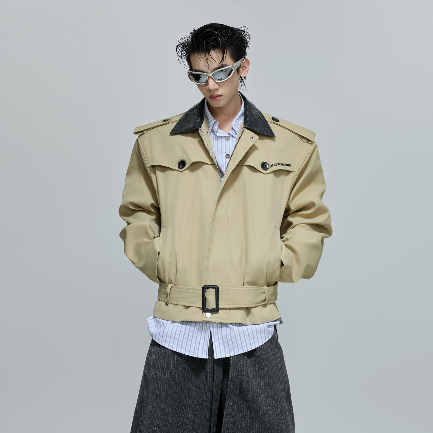 Faux Leather Collar Strap Belt Jacket