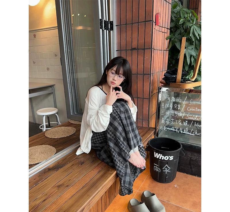 Spliced Plaid and Checker Long Skirt