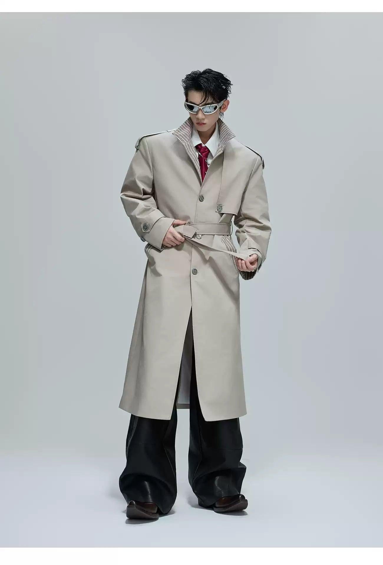 Striped Lining Belted Overcoat