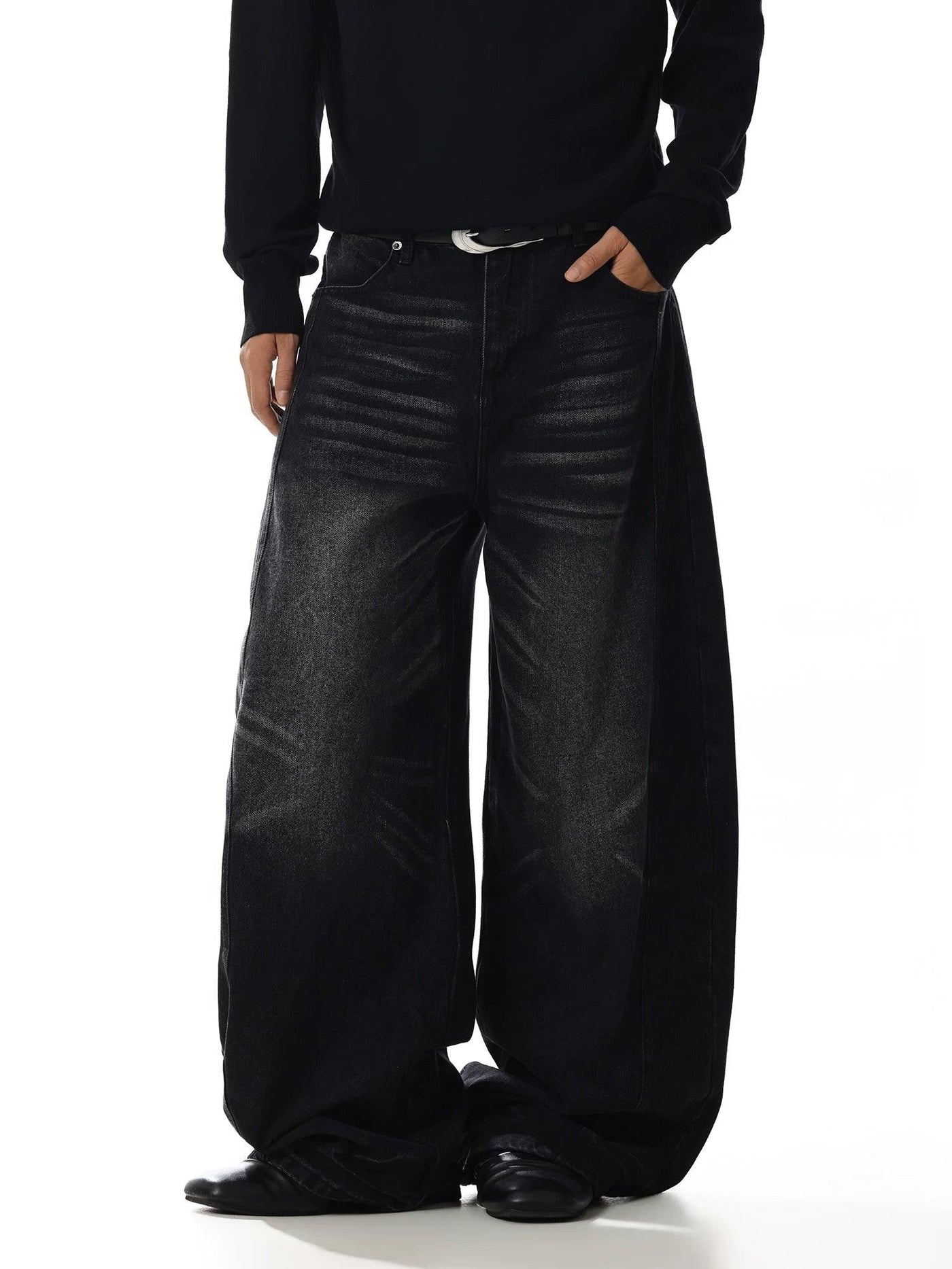 Faded Curved Seam Wide Leg Jeans