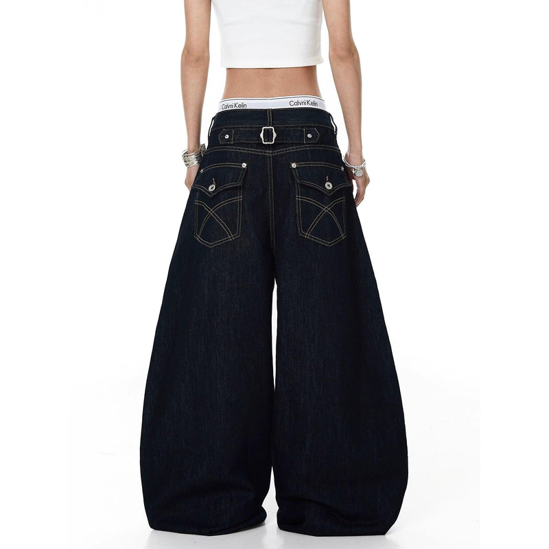 Contrast Fold Pocket Wide Leg Jeans