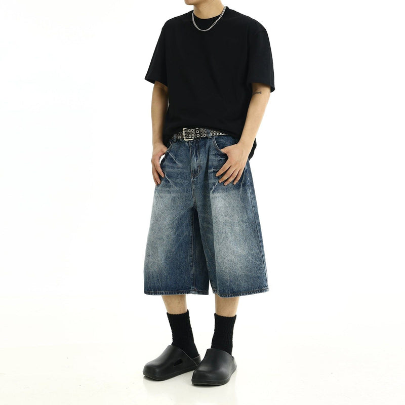 Washed Effect Lines Denim Shorts