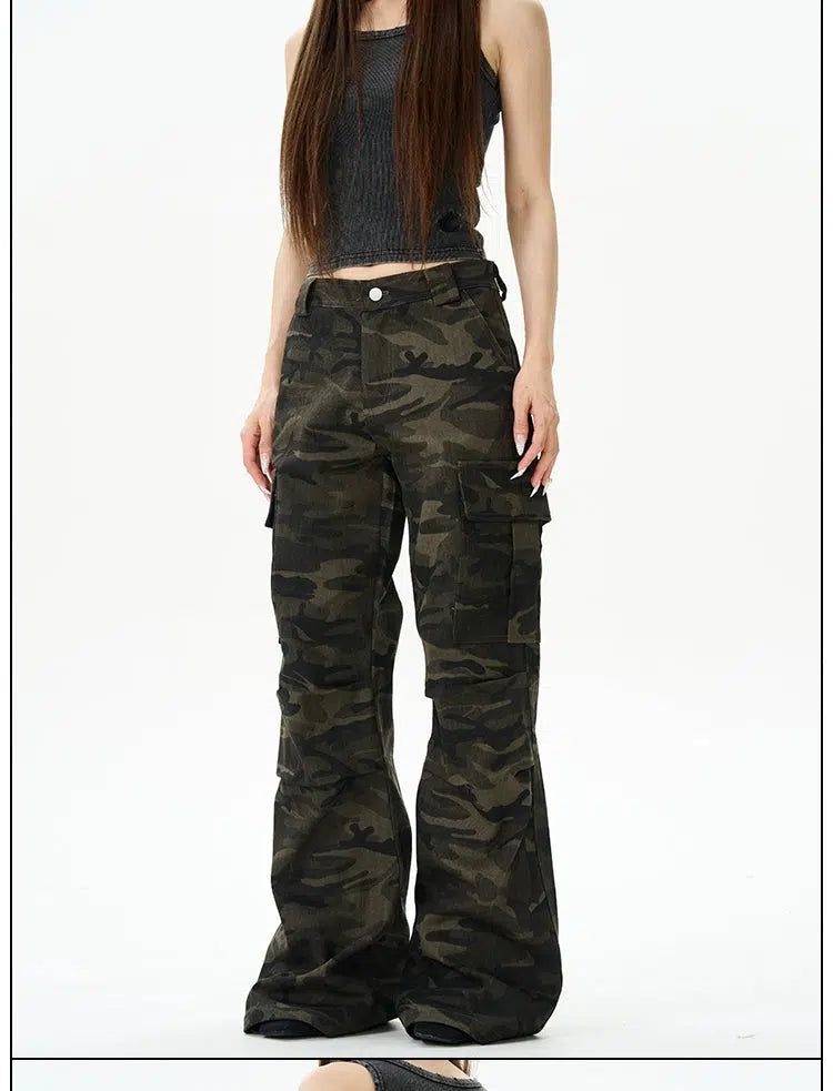 Dark Camouflage Flared Cargo Pants