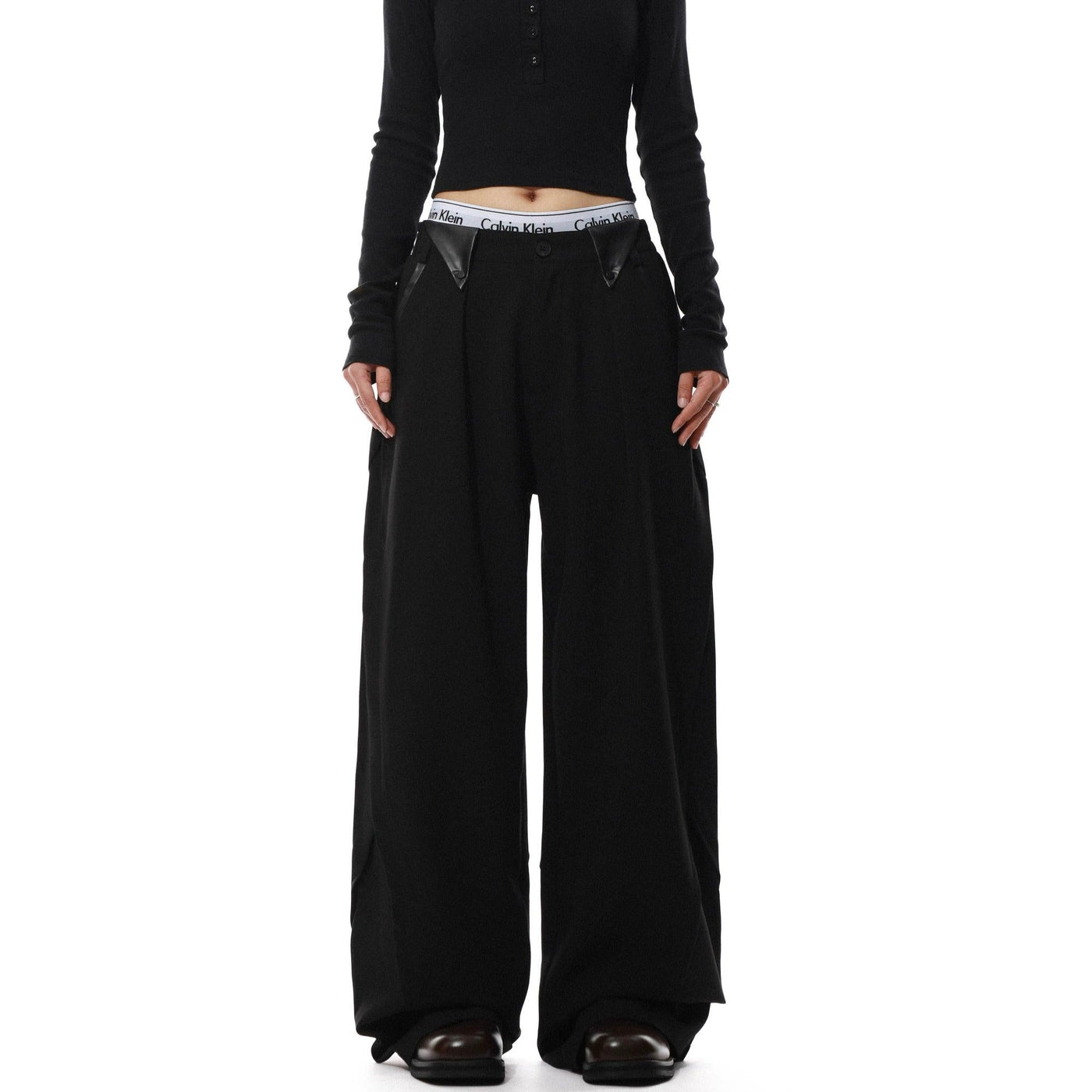 PU Leather Detail Straight Pants