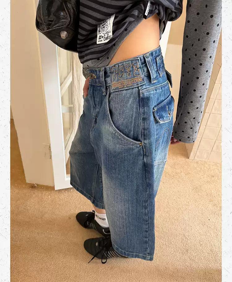 Buttoned Belt Strap Washed Denim Shorts