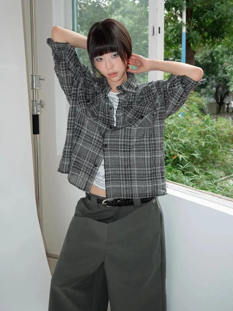 Plaid Pleated Roll-Sleeve Shirt
