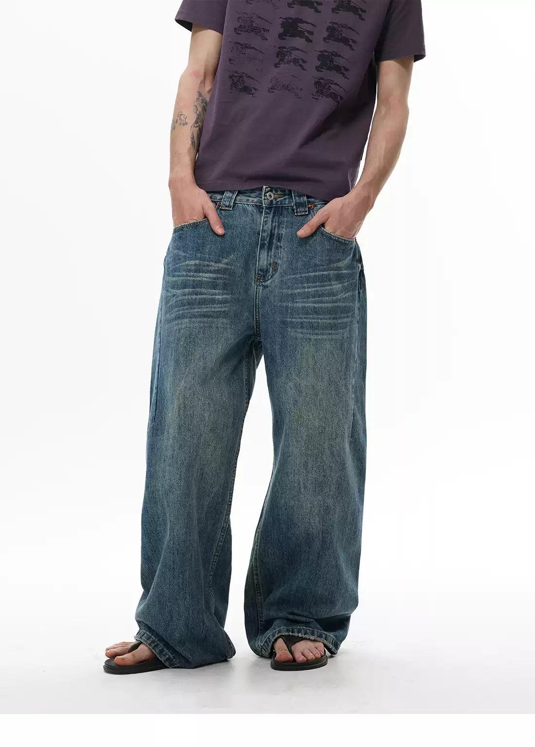 Distressed Whiskers Wide Cut Jeans