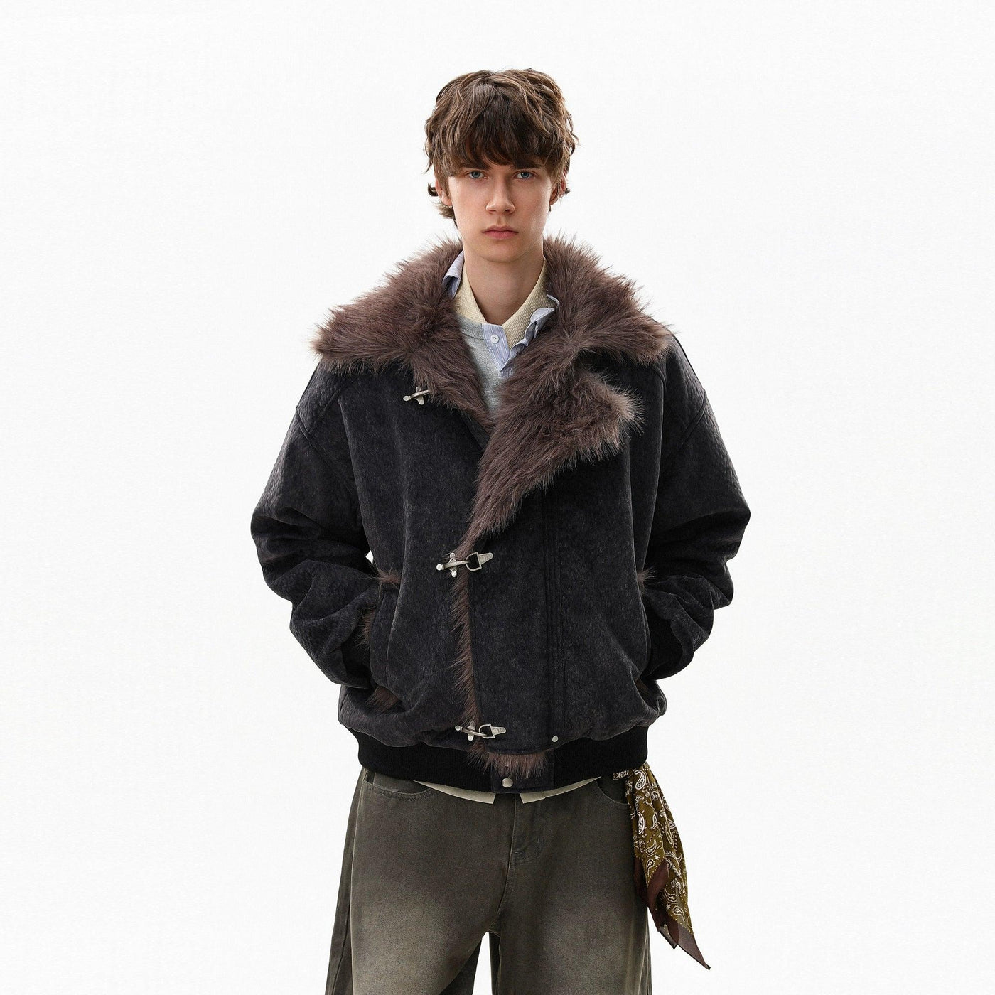 Faux Fur Detailing Fireman Clasp Jacket