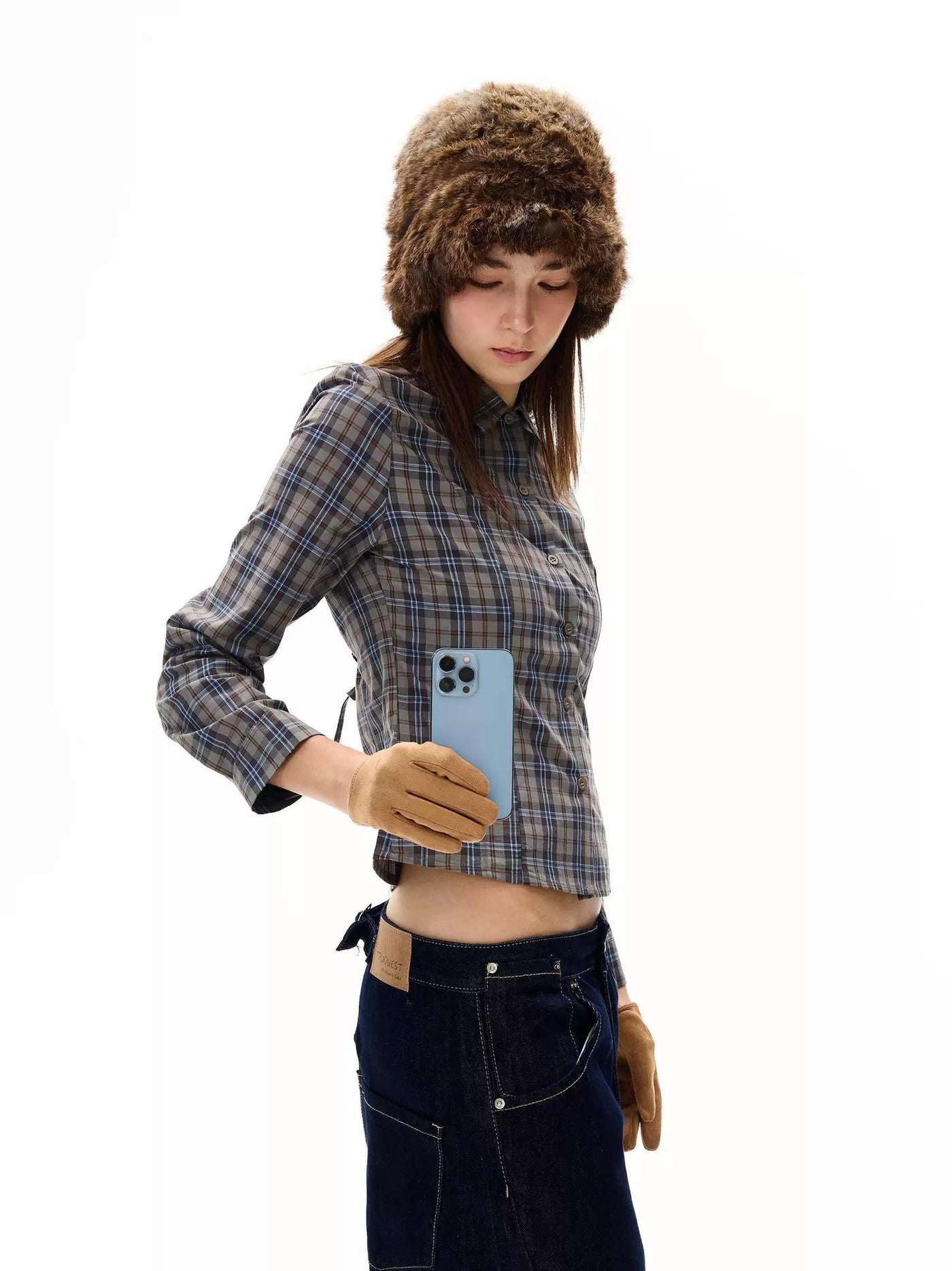 Plaid Pattern Buttoned Short Blouse