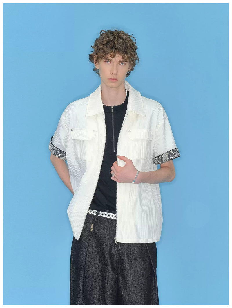 Flap Pockets Spliced Sleeve Zipped Shirt