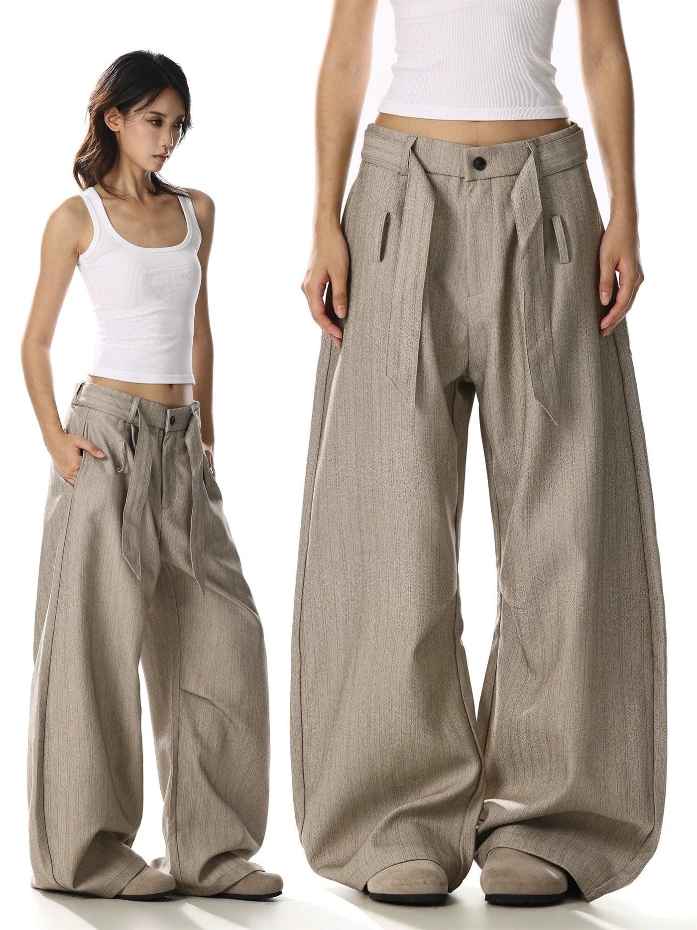 Belted Striped Curved Trousers