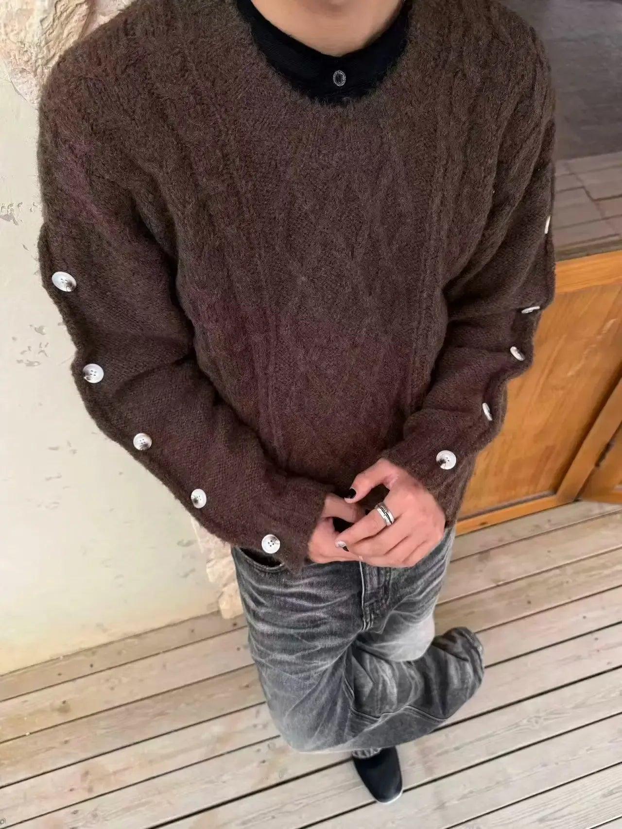 Buttoned Sleeve Pattern Knit Sweater
