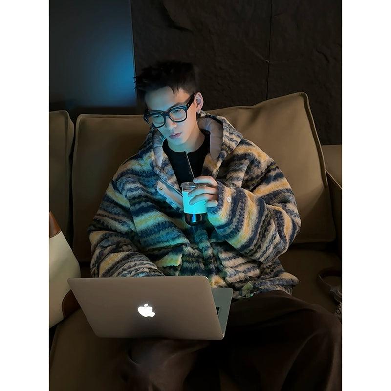 Contrast Striped Hooded Fleece Jacket