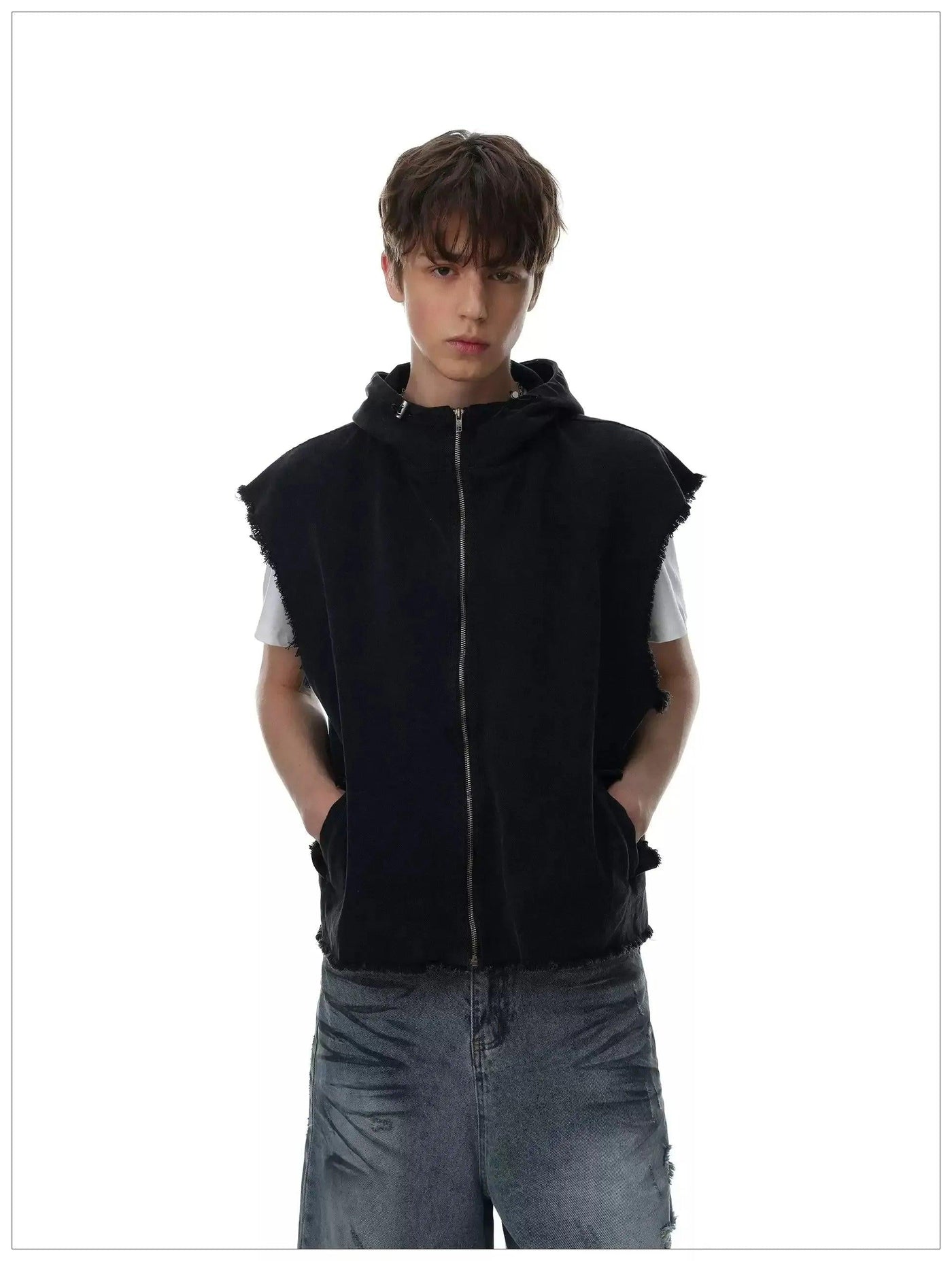 Grunged Frayed Hooded Vest