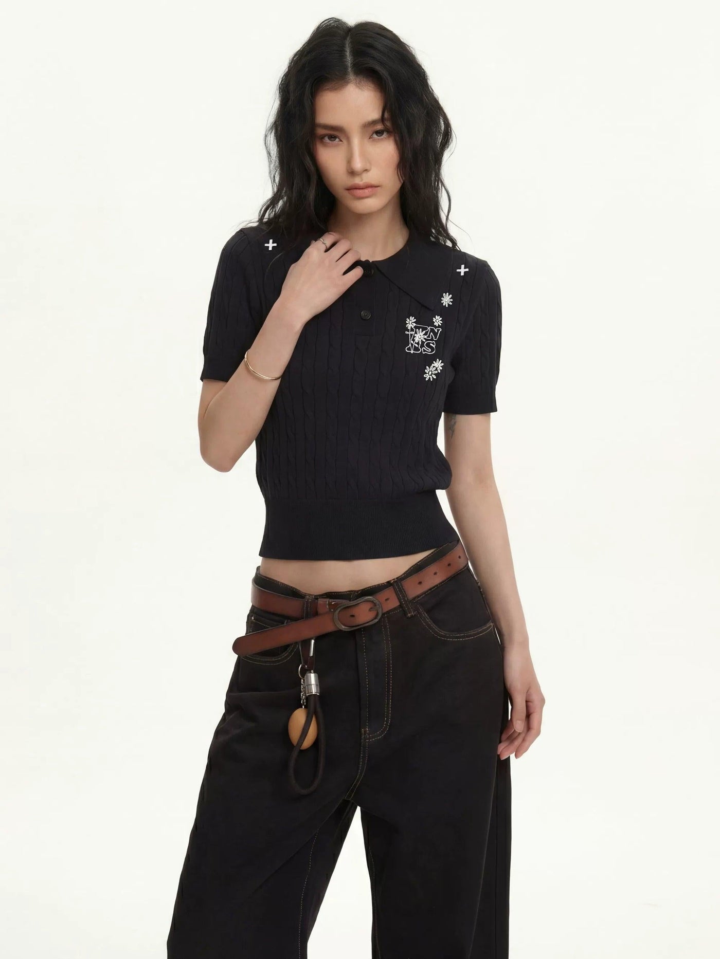 Cropped Cable Knit Polo