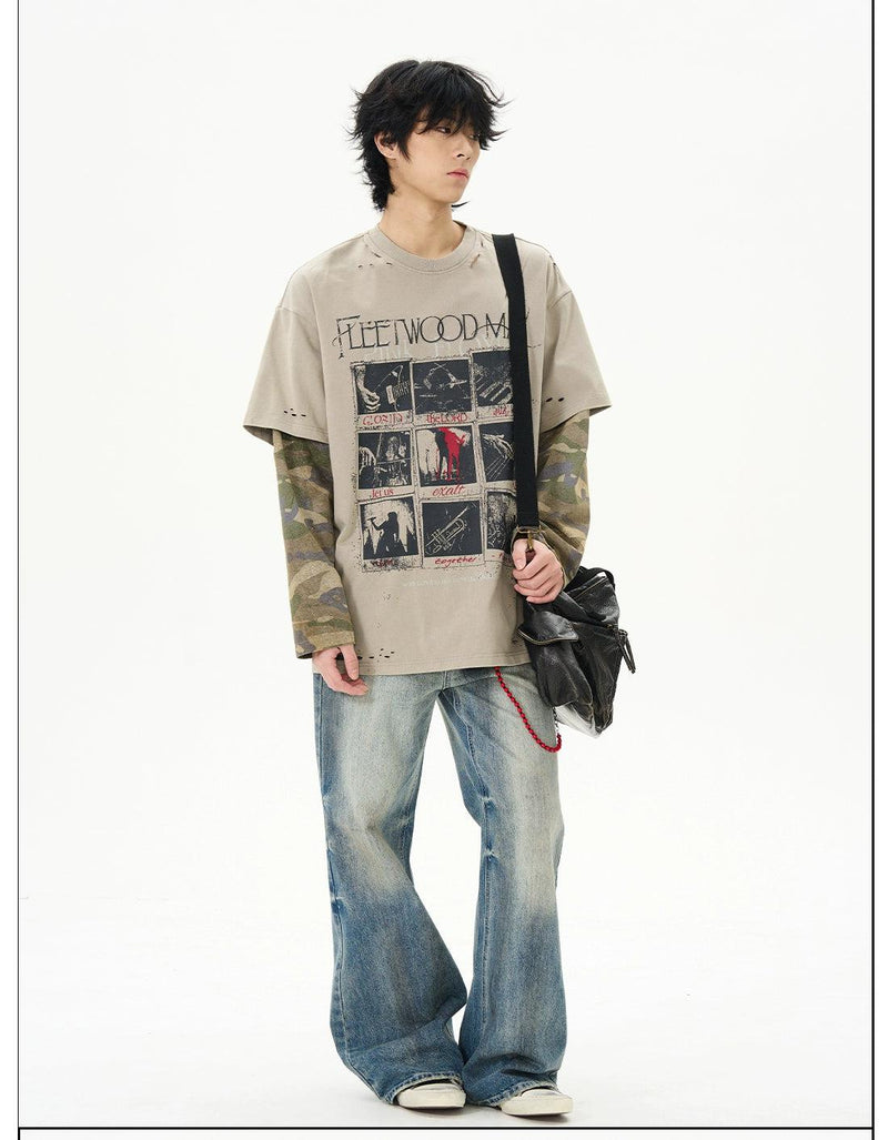 Layered Camo Sleeve Print T-Shirt