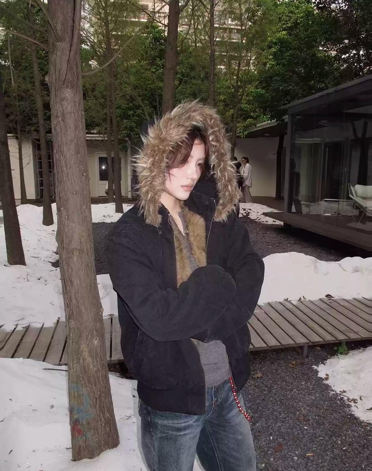 Fur-Lined Ribbed Hem Hooded Jacket