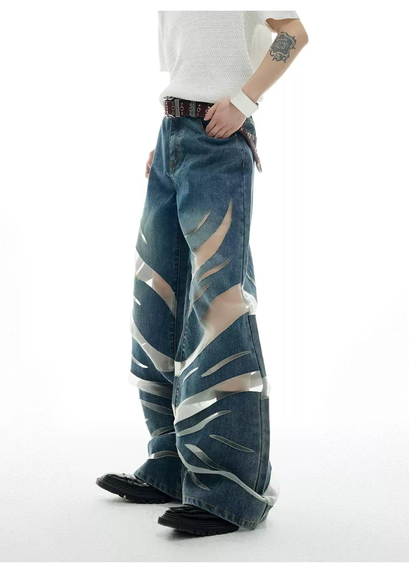 Mesh Spliced Denim Shirt & Wide Jeans Set