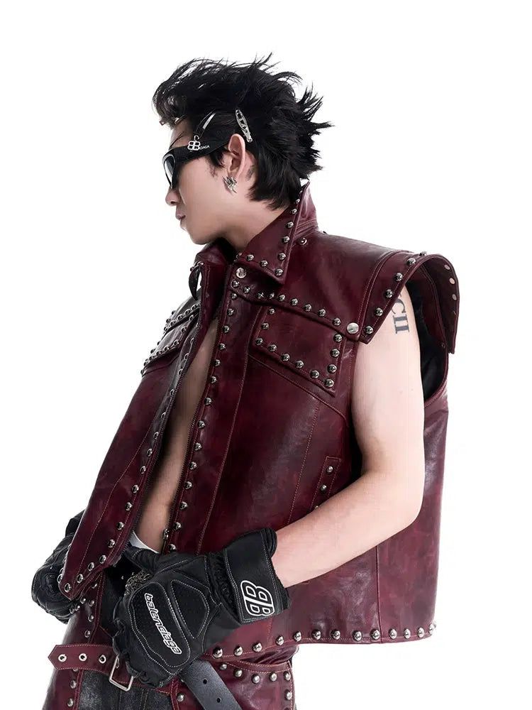 Structured Metal Rivet PU Leather Vest & Spliced Pants Set