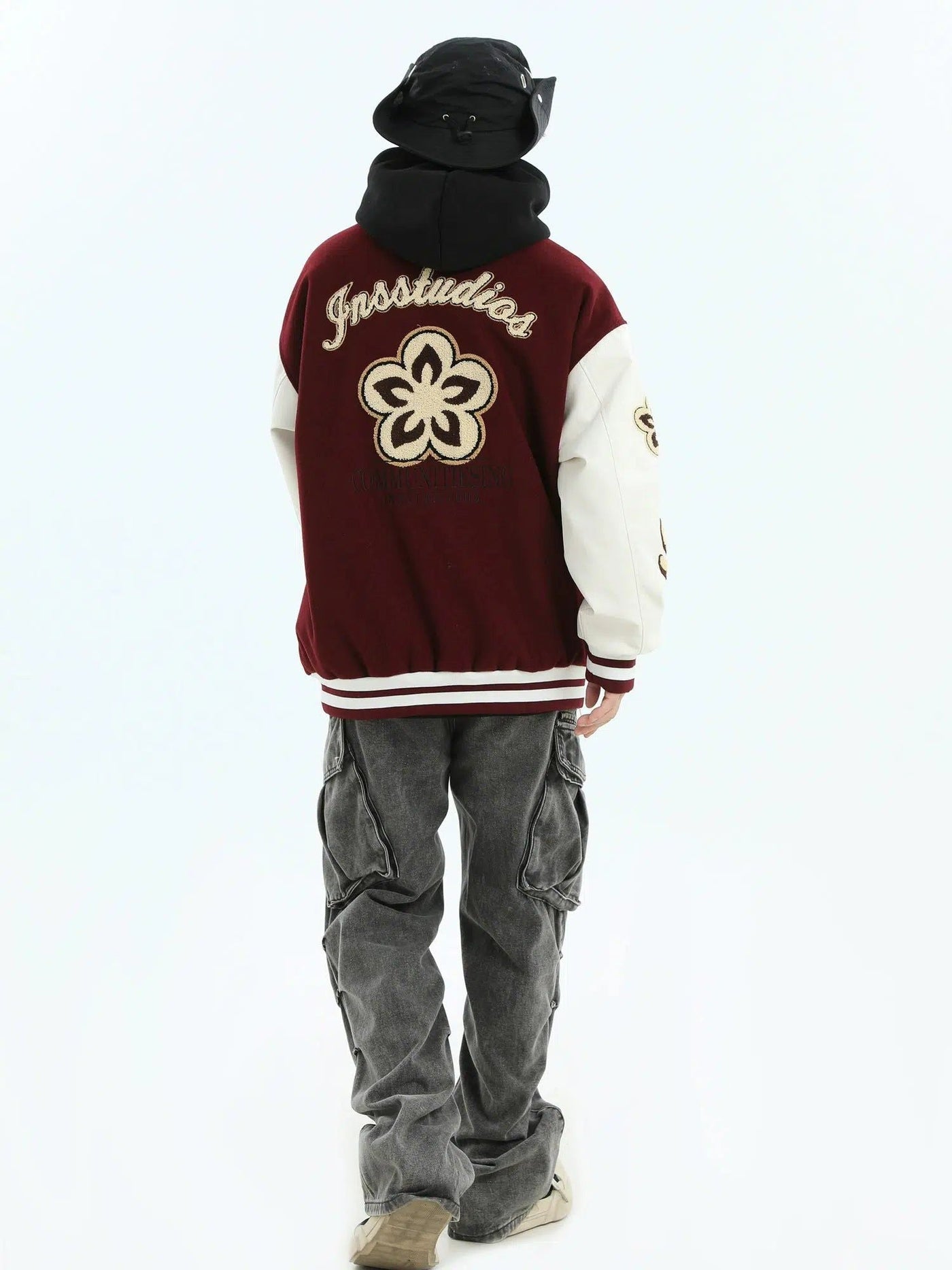Fuzzy Flower & Logo Embroidery Varsity Jacket