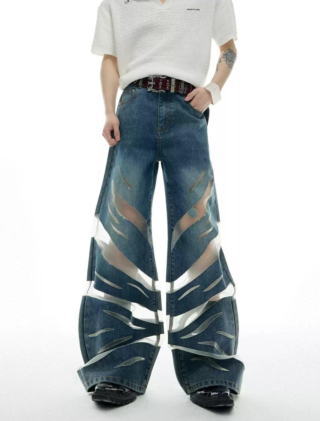 Mesh Spliced Denim Shirt & Wide Jeans Set