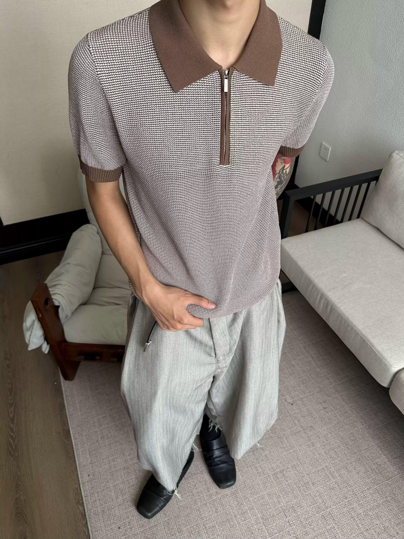 Textured Contrast Half-Zipped Knit Polo