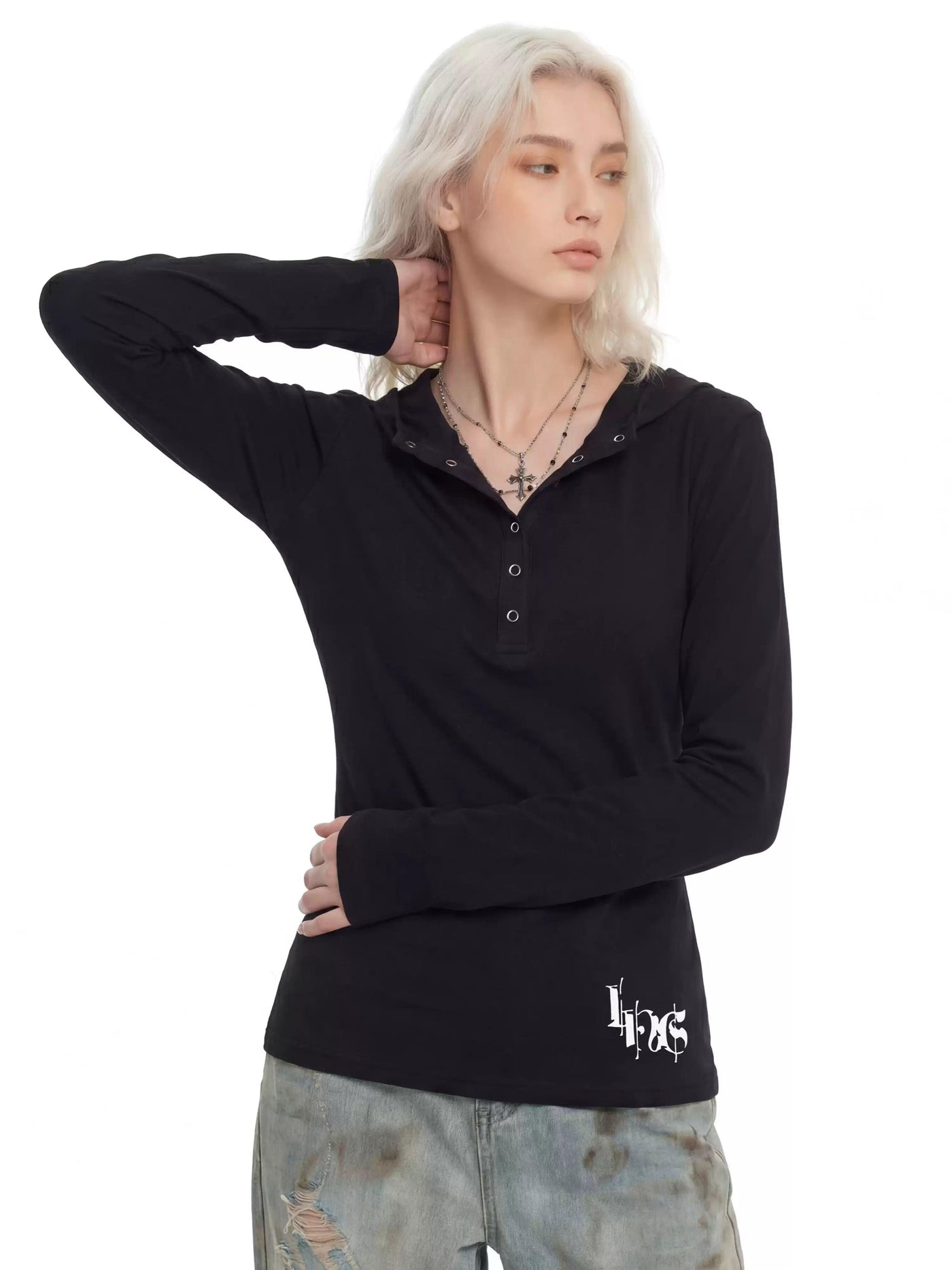 Graphic Print Slim Fit Half-Buttoned Hoodie