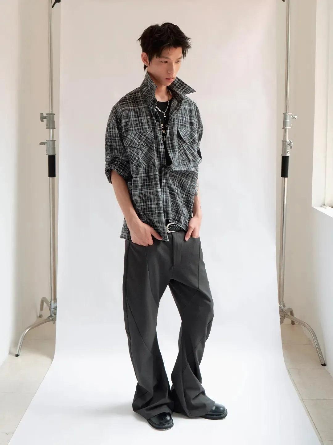 Plaid Pleated Roll-Sleeve Shirt