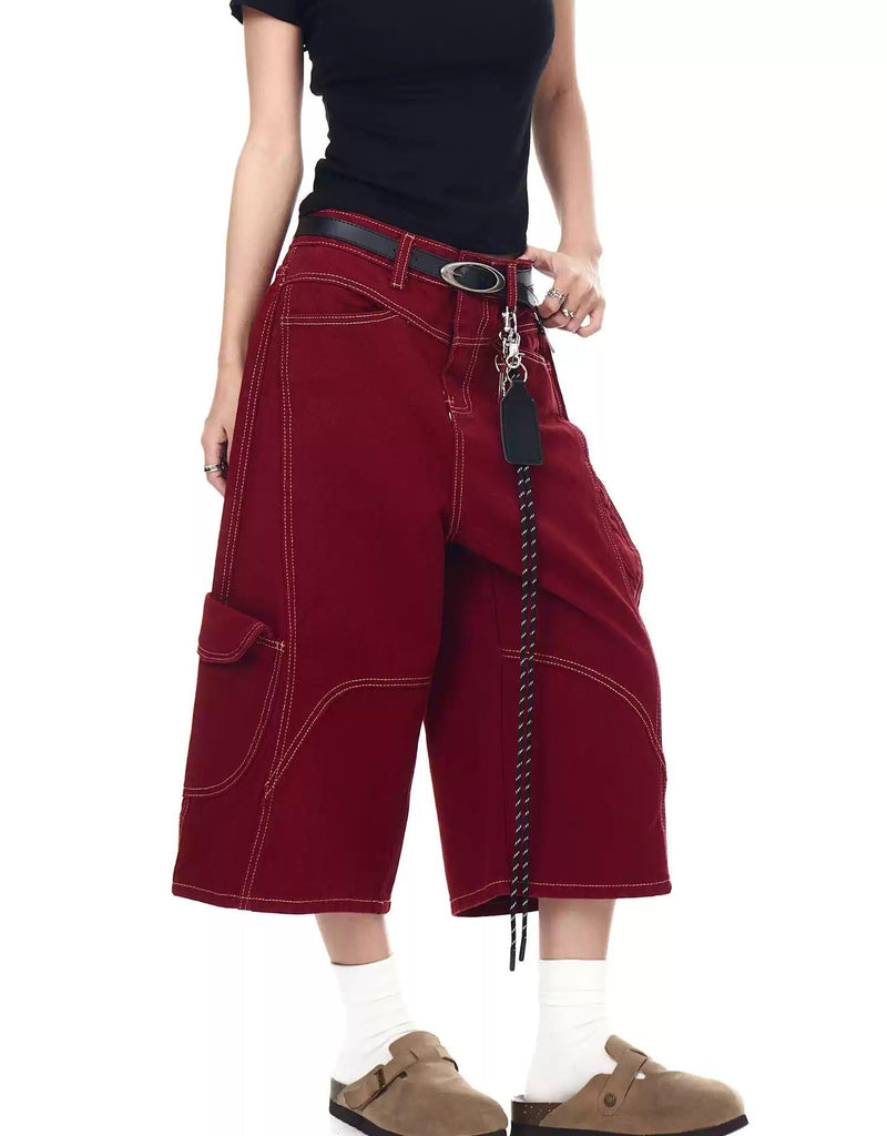 Topstitch String Detail Denim Shorts