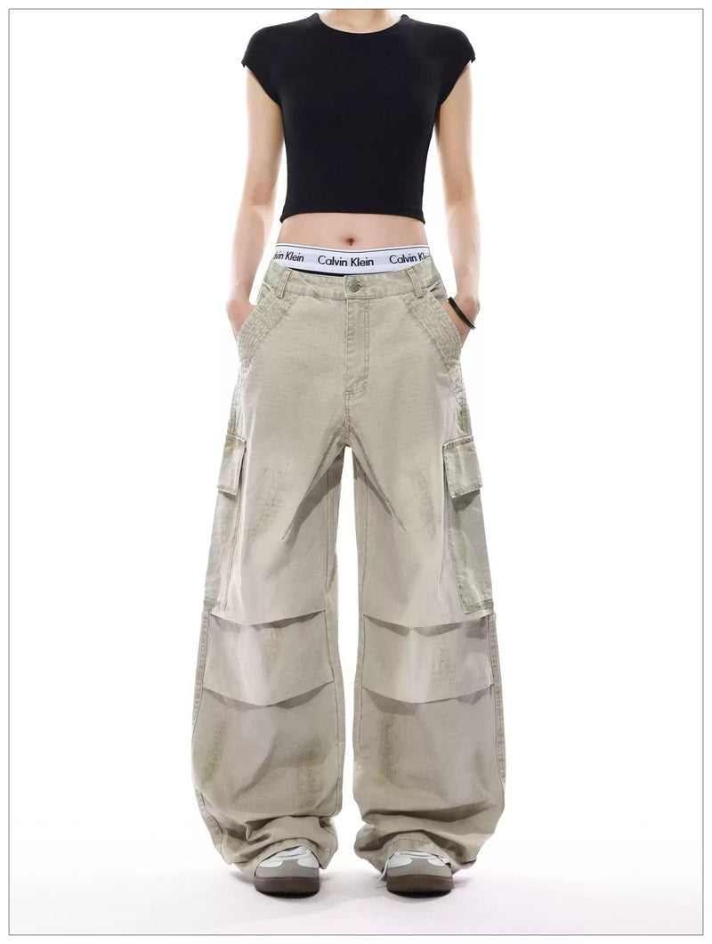 Smudged Pleated Wide Cargo Pants