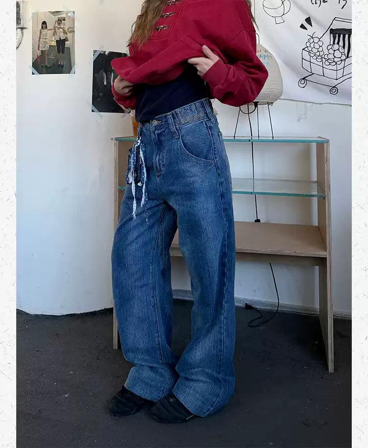 Bamboo Pattern Washed Wide Leg Jeans