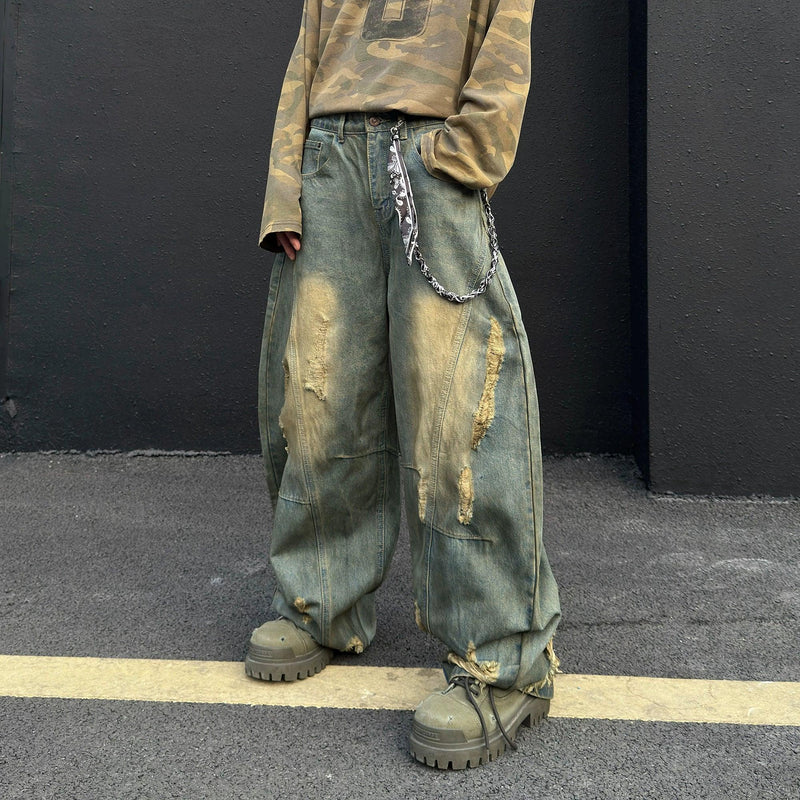 Muddy Washed Distressed Barrel Jeans
