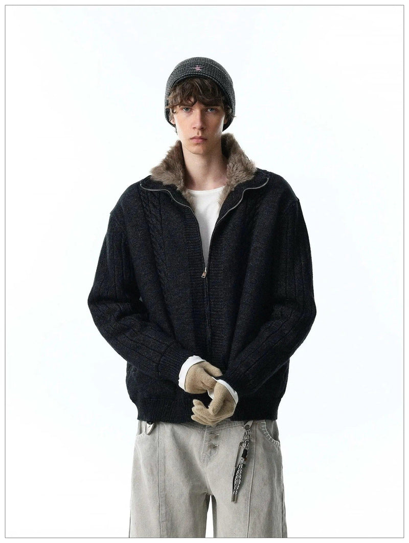 Faux Fur Lined Zipped Knit Jacket