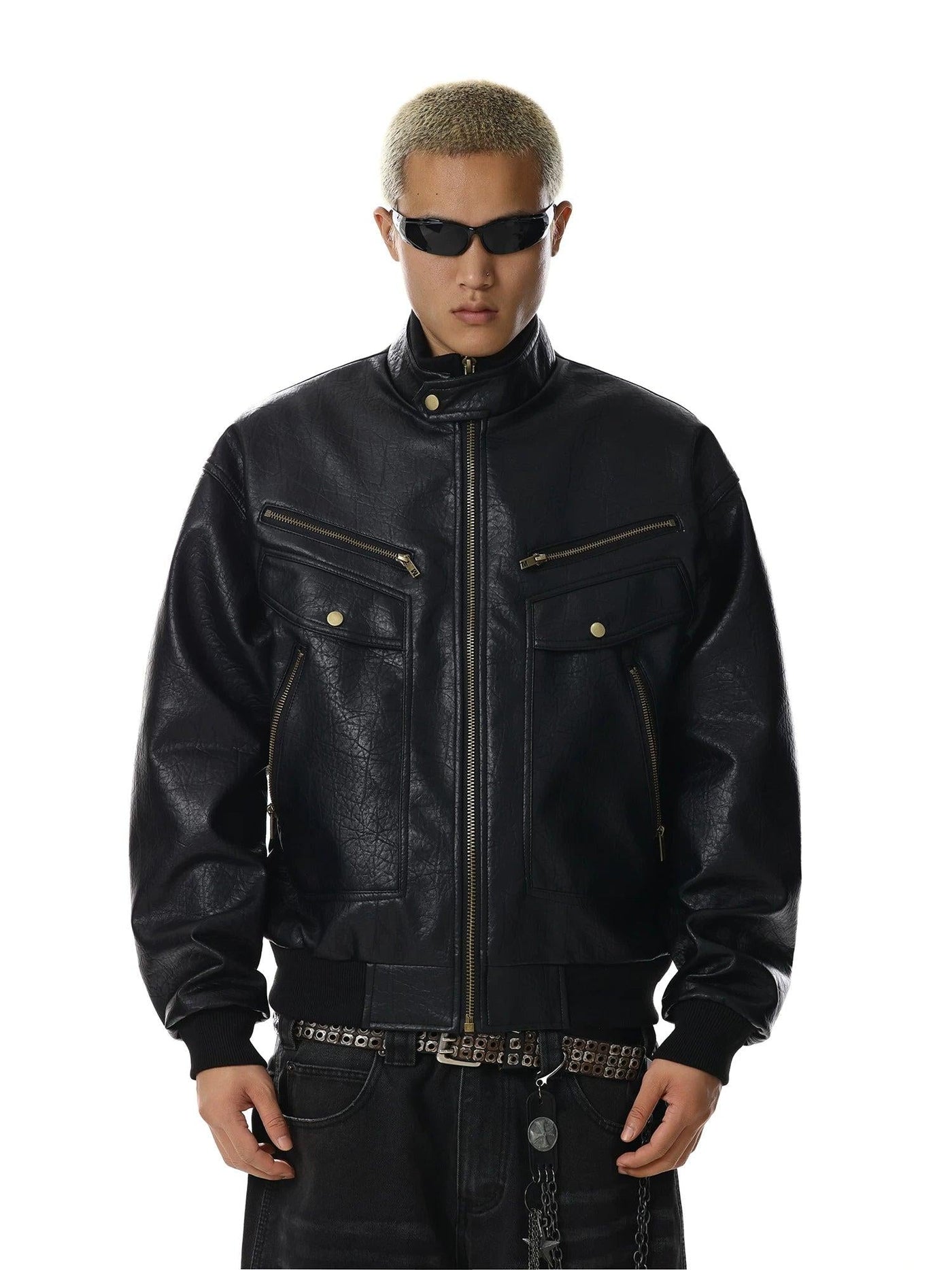 Multi-Pocket Textured PU Leather Jacket