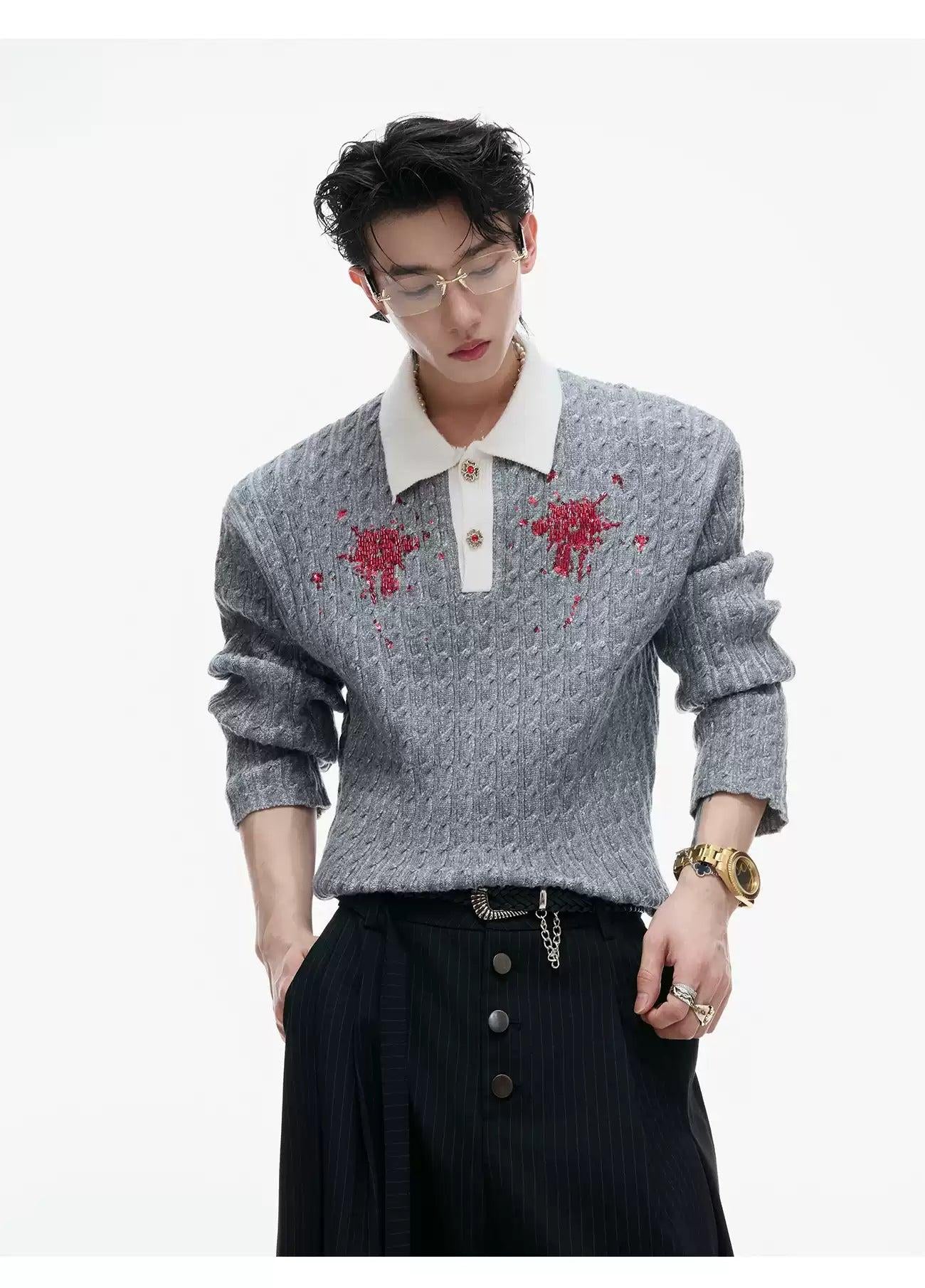 Contrast Cable Knit Polo Neck Sweater