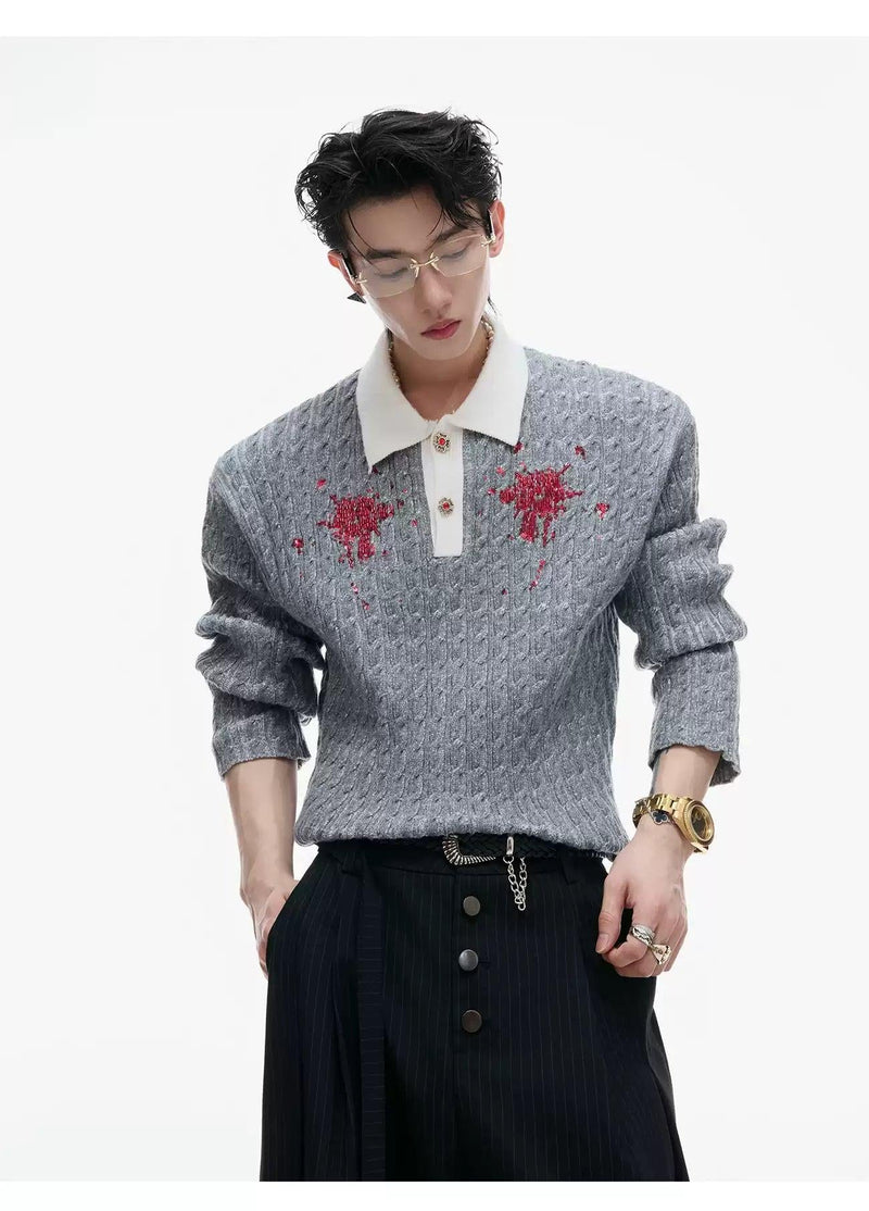 Contrast Cable Knit Polo Neck Sweater